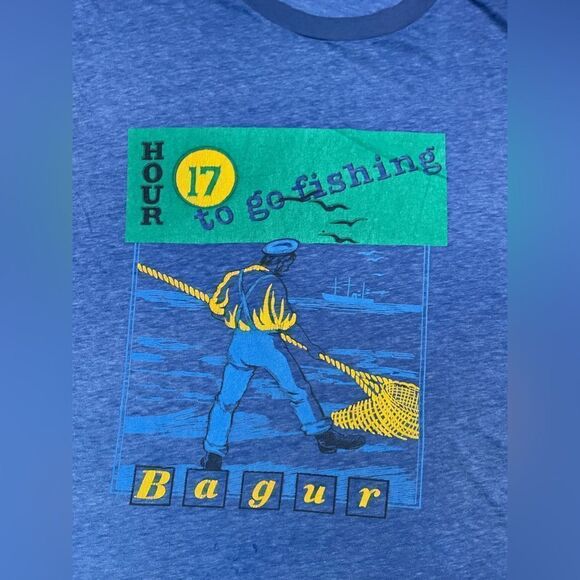 VINTAGE Bagur 17 Hour To Go Fishing Graphic T-shirt Women XL Blue 90s - Picture 2 of 6